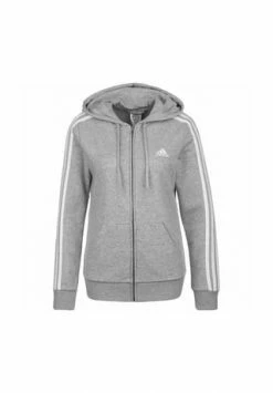 Adidas Sweatjacke Essentials French Terry 3-Streifen Kordelzug,Reißverschluss,Taschen Damen Medium Grey Heather-white